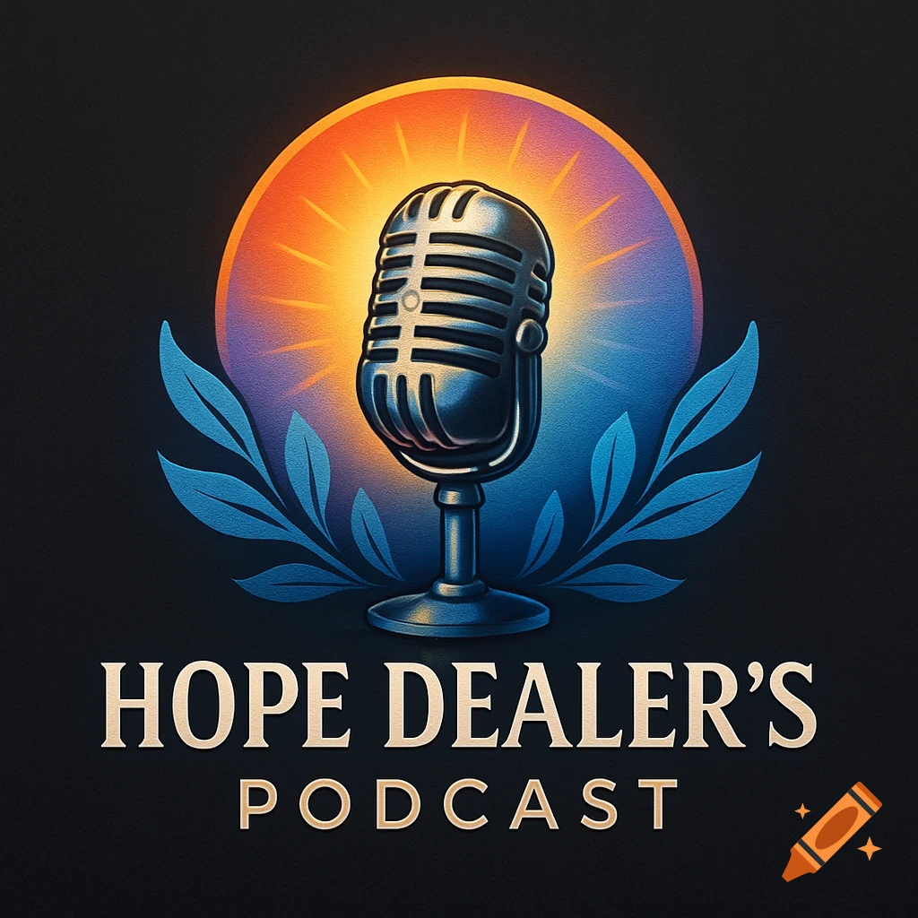A logo for Hope Dealer's Podcast featuring a vintage microphone with a colorful glowing background and blue leaves.