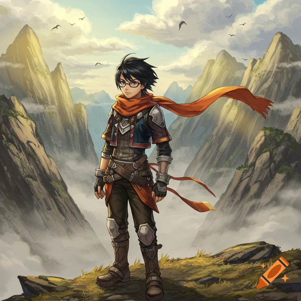 A teenage boy with glasses and an orange scarf stands on a mountain peak surrounded by clouds and other mountains, in an anime style.