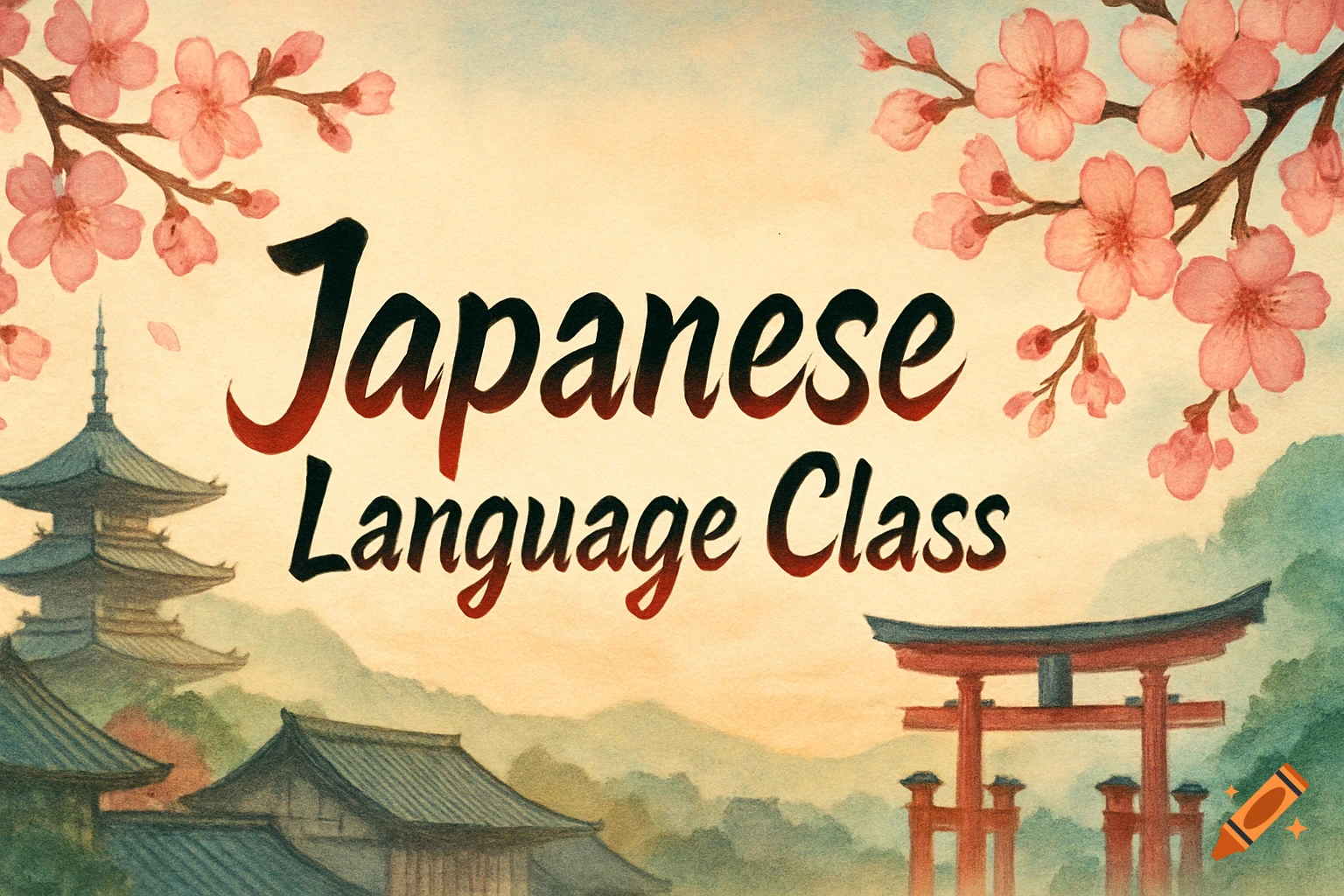 Watercolor banner for Japanese Language Class with cherry blossoms, a pagoda, and a torii gate.