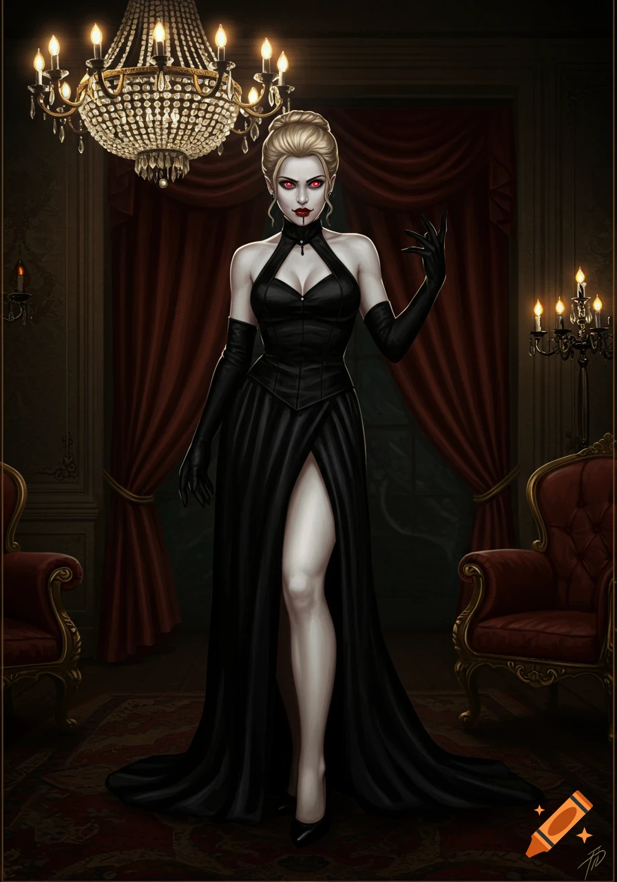 A pale, blonde gothic vampire woman with red eyes, wearing a black evening gown and long gloves, stands in a dark ornate parlor.