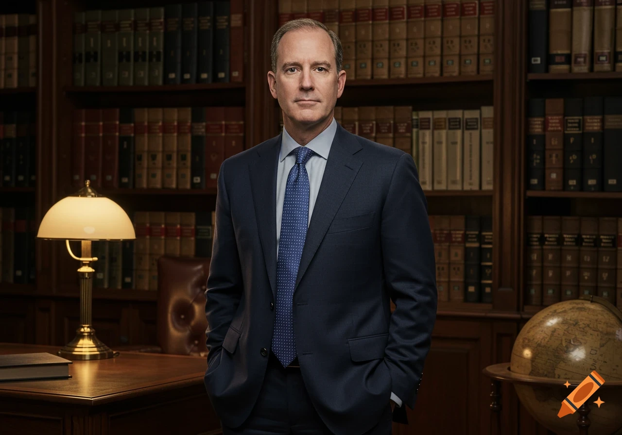 A serious man in a dark blue suit stands in a wood-paneled library with bookshelves and a desk.