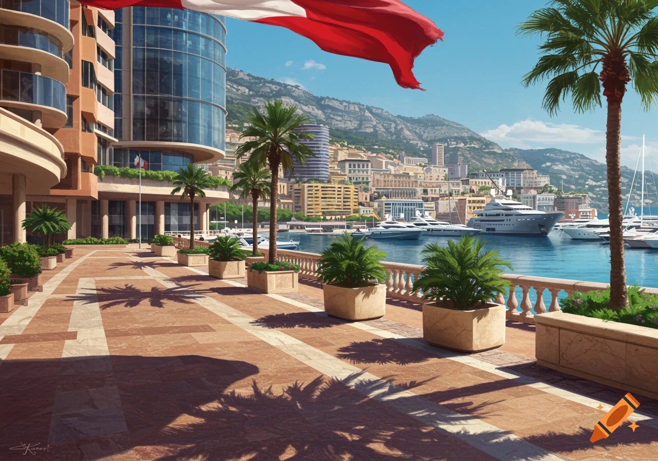 A sunny, photorealistic view of Monaco harbor with luxury yachts, modern buildings, palm trees, and mountains in the background.