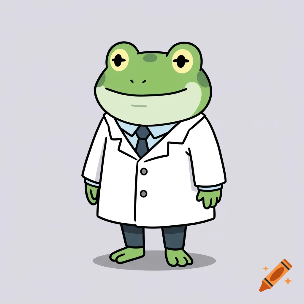 A friendly, smiling cartoon frog wearing a white lab coat, light blue shirt, and dark tie, standing in a simple style.