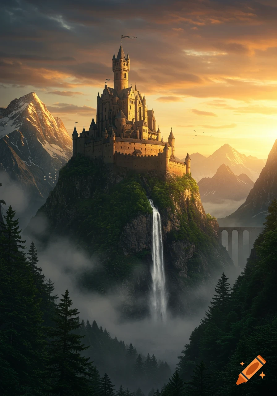 A majestic medieval castle on a mountain with a waterfall, surrounded by misty forests and snowy peaks under a sunset sky.