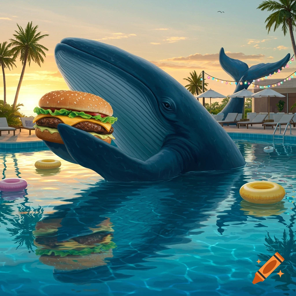 A large blue whale, anthropomorphized, holds a cheeseburger while standing in a swimming pool at sunset, surrounded by palm trees.