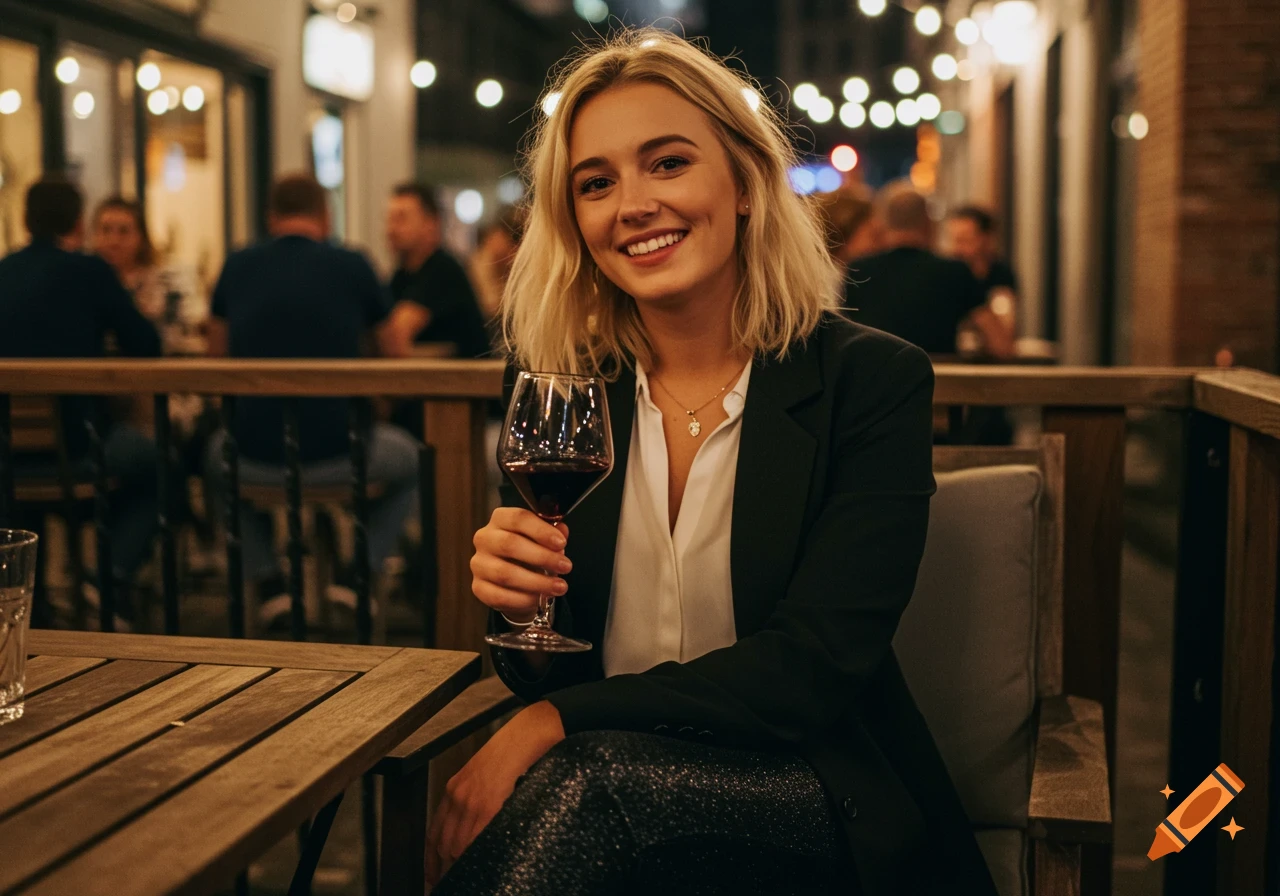 A smiling young blonde woman holds a glass of red wine at an outdoor bar at night, string lights in background.