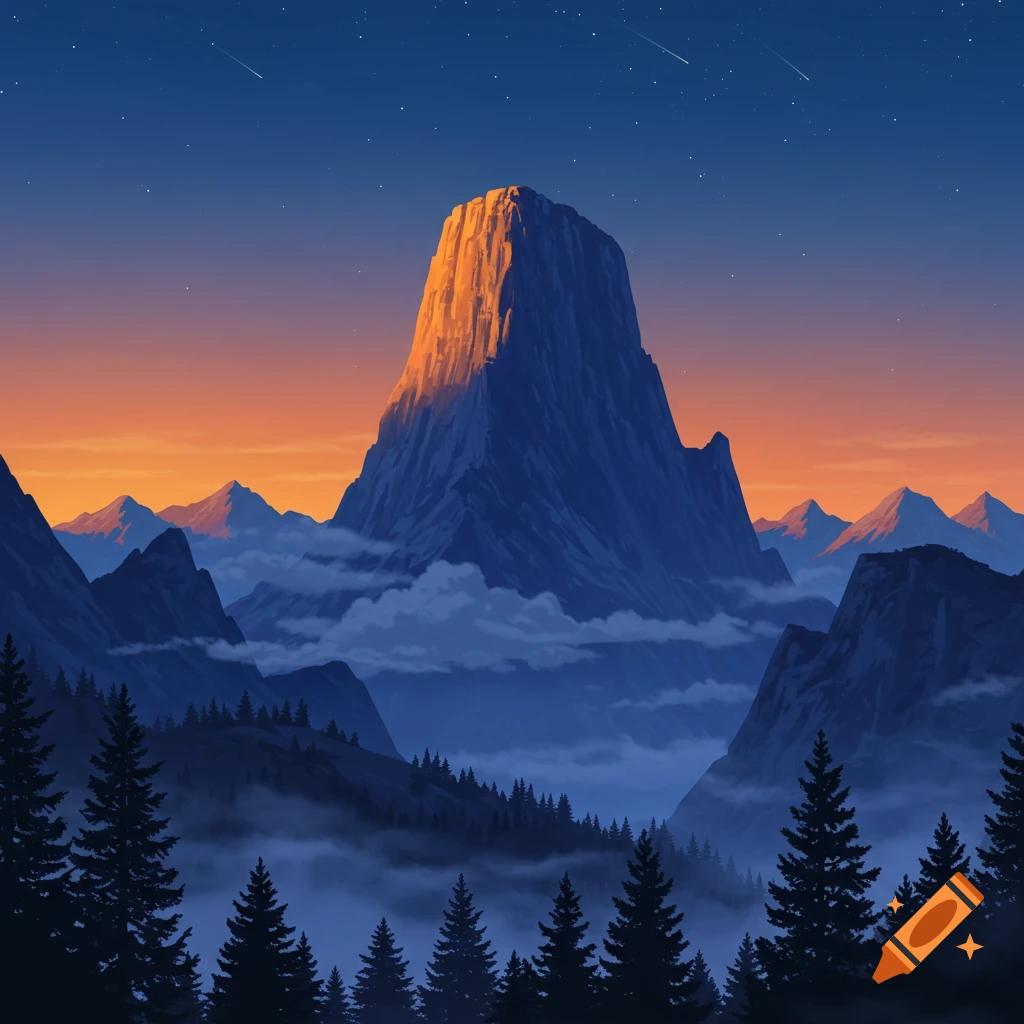 A stylized mountain landscape at twilight with a large peak illuminated by the setting sun, surrounded by mist, trees, and stars.