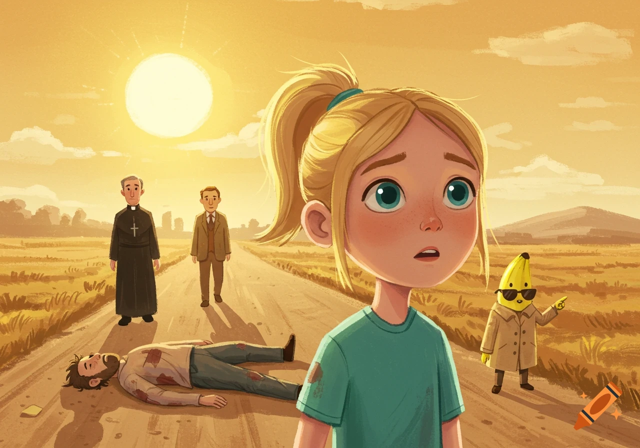 Children's book illustration of a distressed girl and a banana in a trench coat pointing at a man lying on a dusty road as a priest walks away.