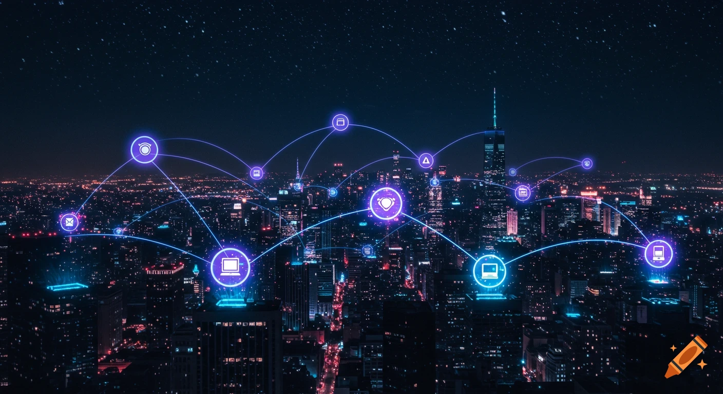 Futuristic city skyline at night with glowing network connections and nodes symbolizing data transfer.