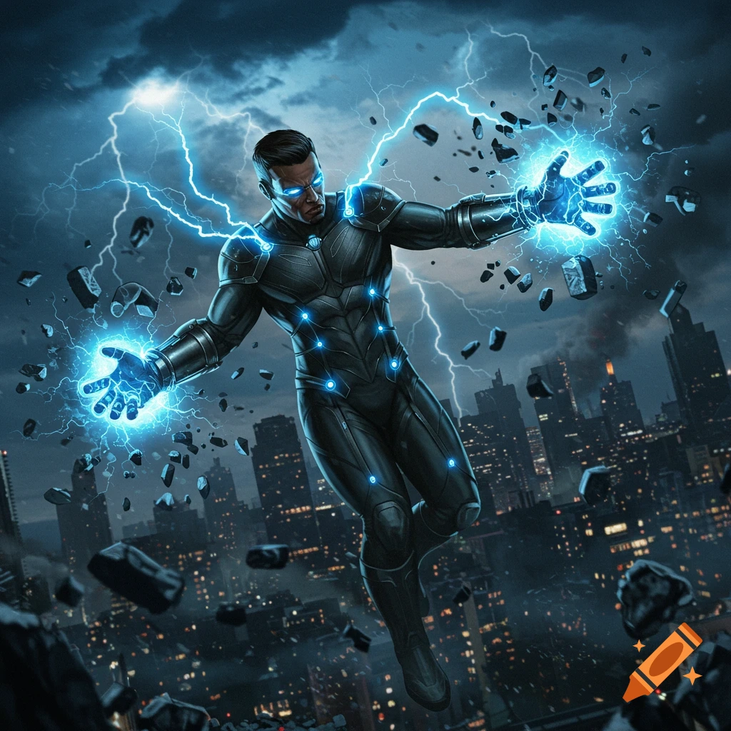 A superhero with glowing blue electrical powers floats above a city at night, surrounded by lightning and debris.