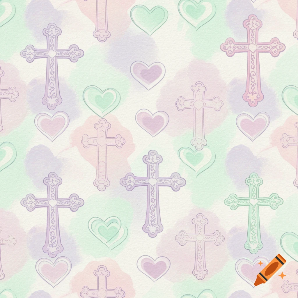 Seamless pattern of pastel Christian crosses and hearts with watercolor splotches.