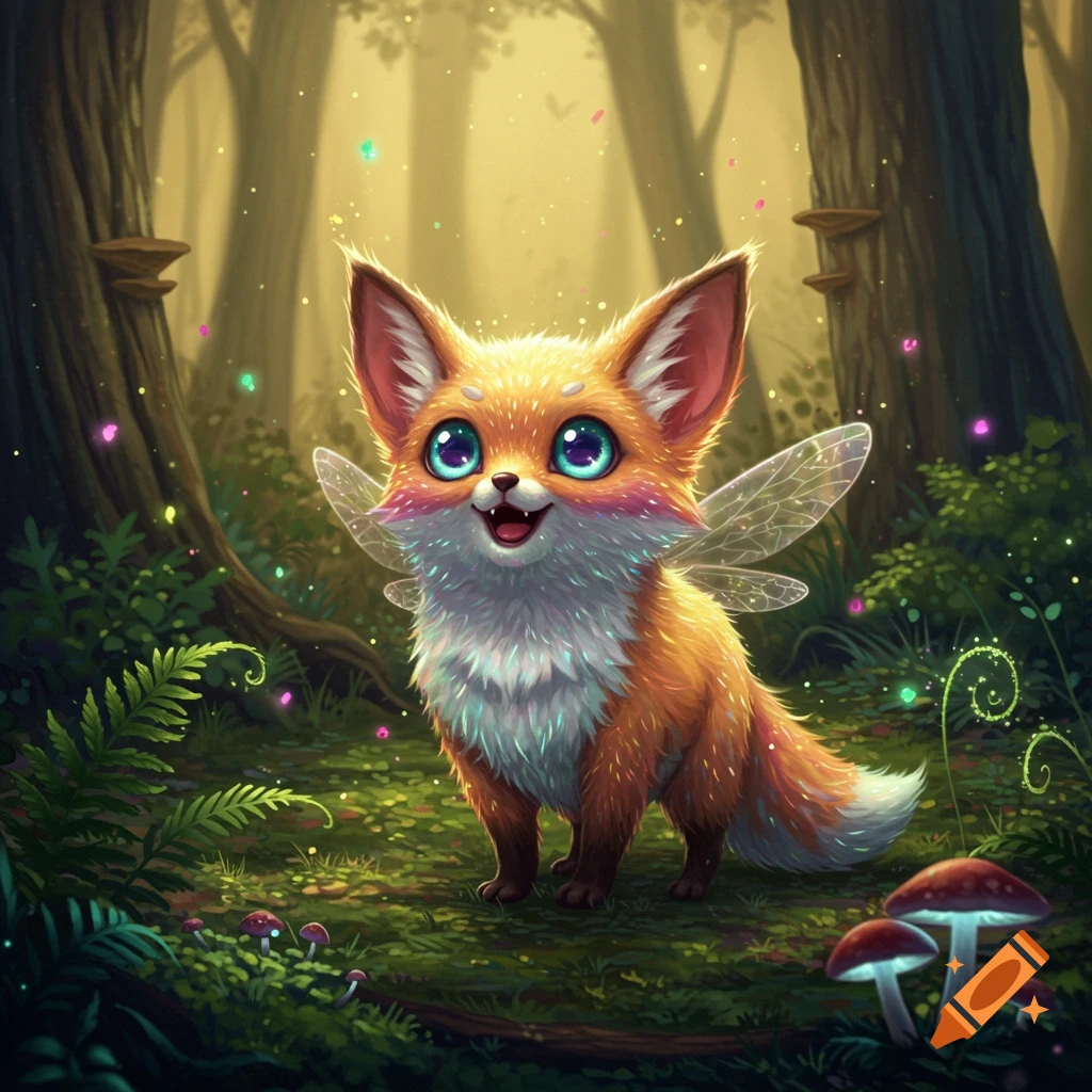 A cute, fluffy, orange and white fairy fox with big blue eyes and delicate wings stands in a magical forest with glowing particles.