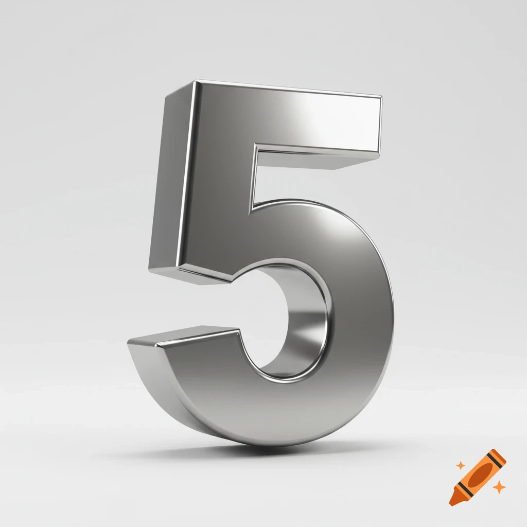 A shiny metallic silver three-dimensional numeral 5 standing upright on a white background.