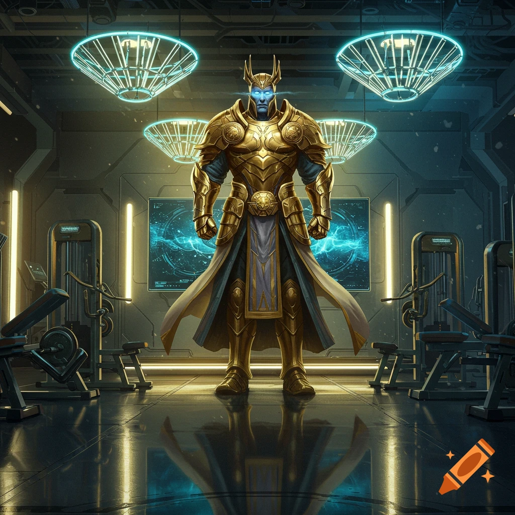 A majestic gold-armored figure with glowing blue eyes stands in a futuristic gym with neon lights.