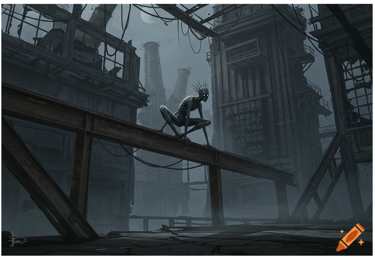 A gaunt creature with glowing eyes crouches on a beam in a dark, abandoned industrial plant under a full moon.