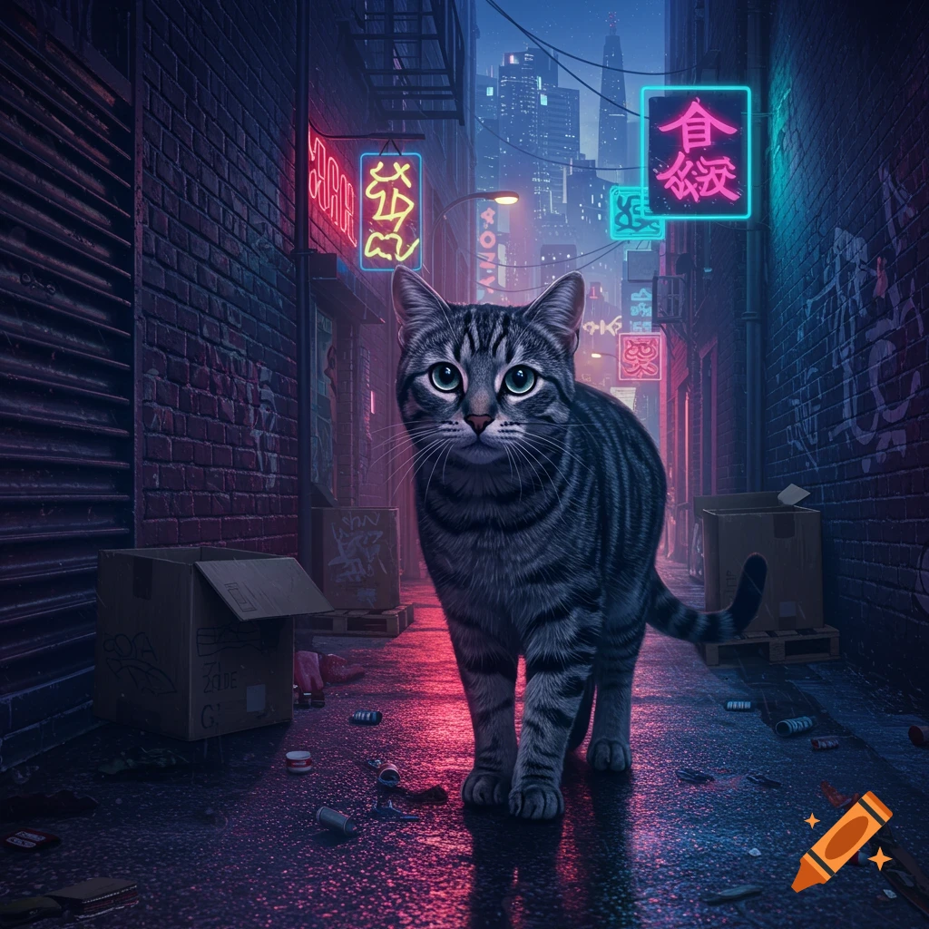 A grey tabby cat stands in a dark, neon-lit cyberpunk alleyway at night, looking at the viewer.