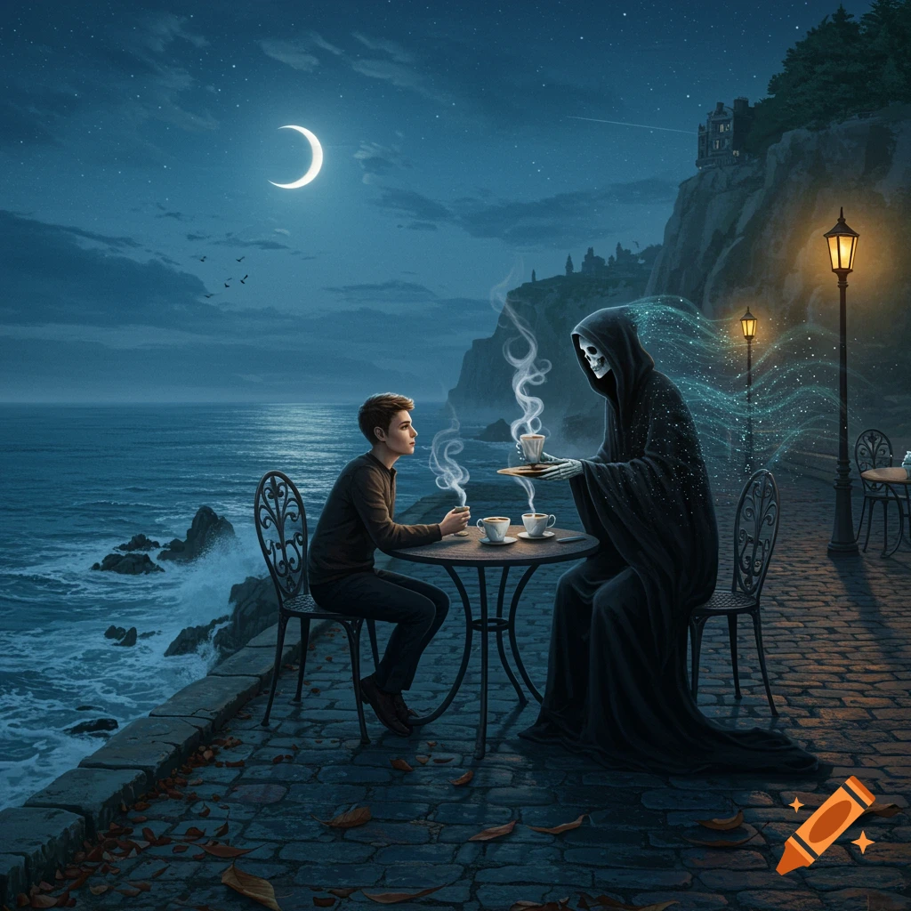 A young man and the grim reaper share coffee at a table on a stone patio overlooking a moonlit ocean at night, with a castle on a distant cliff.