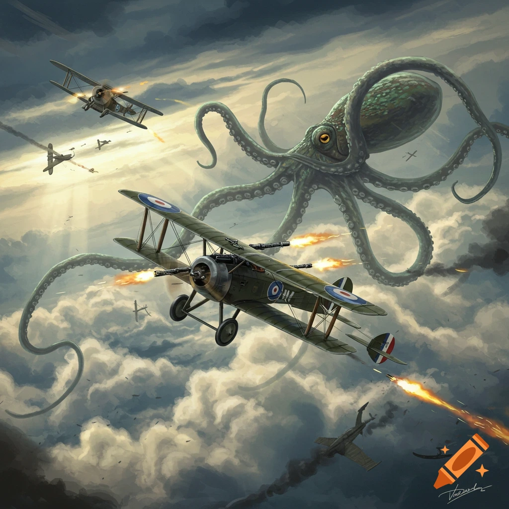 WWI biplanes battle a giant flying octopus in a dramatic, comic book-style aerial scene.