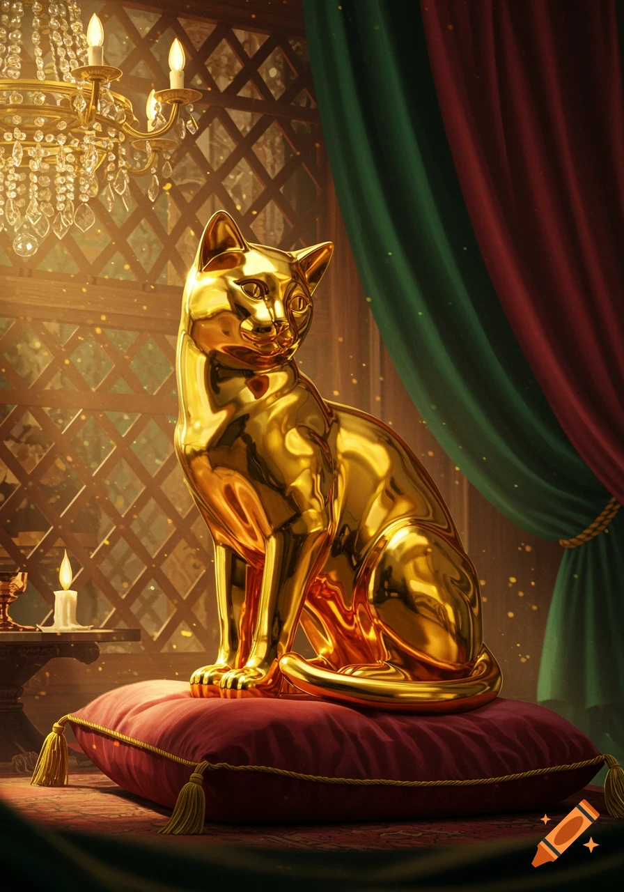A shiny gold cat statue sits on a red velvet pillow in a luxurious room with a chandelier and green and red curtains.
