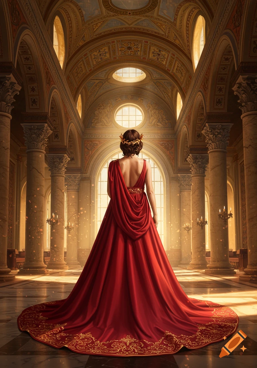 A woman in a flowing red gown with a long train stands facing away in a majestic, golden-lit classical hall with tall columns and arched windows.