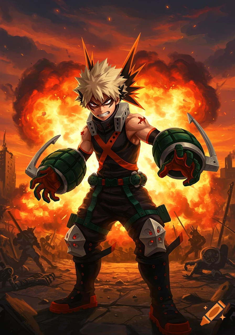 Katsuki Bakugou from My Hero Academia stands aggressively amidst fiery explosions and debris in an anime art style.