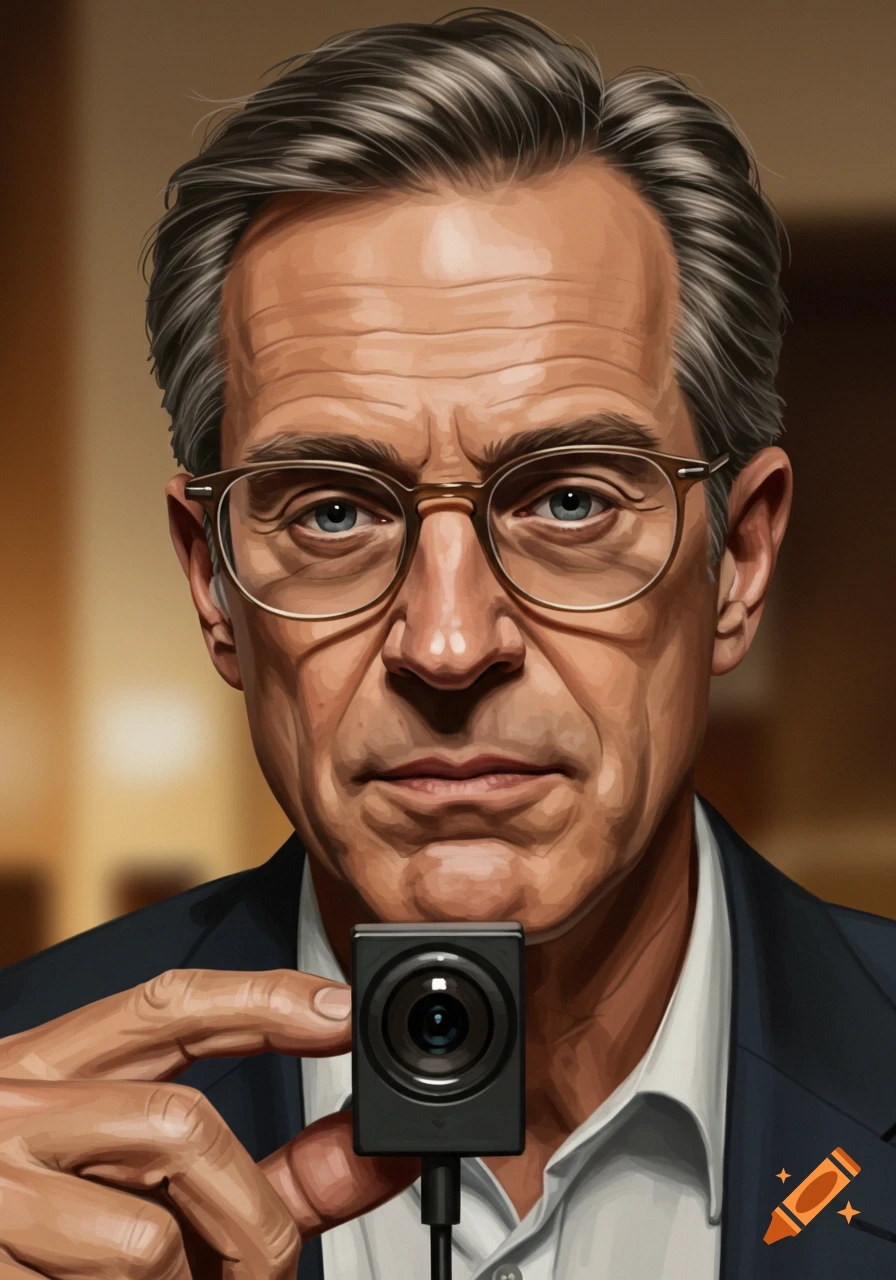 Illustrative portrait of a middle-aged man with glasses holding a small black USB camera.