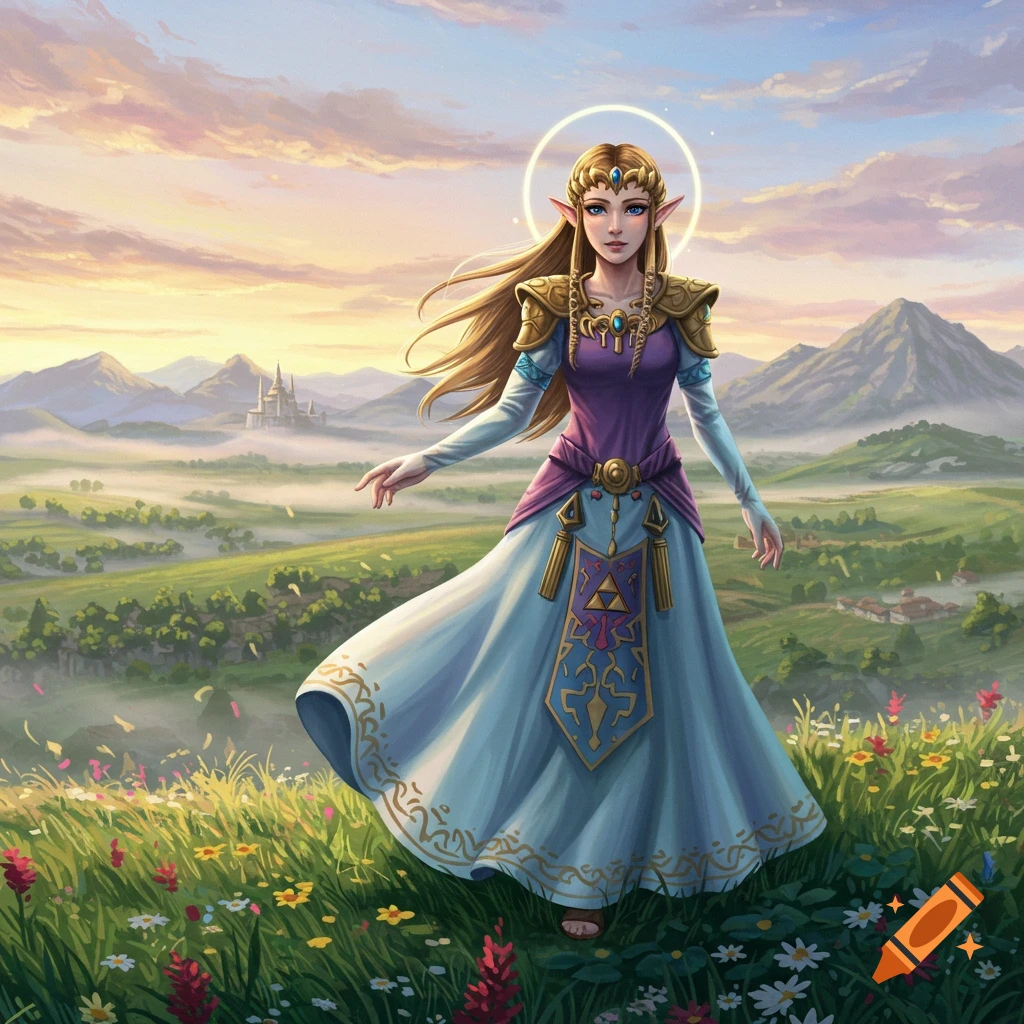 Princess Zelda stands in a grassy field with colorful flowers, a castle, and mountains in the background at sunset, digital art.