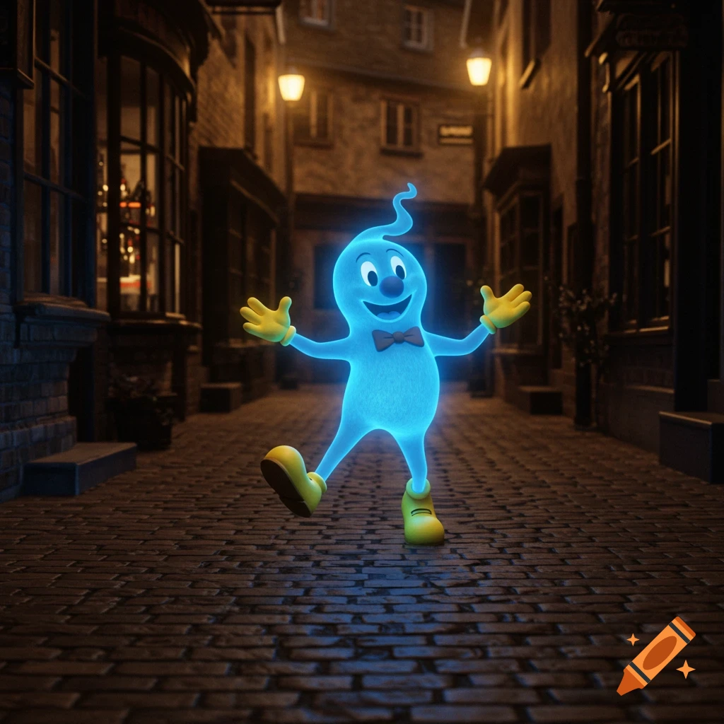 A happy, glowing blue cartoon ghost with yellow gloves, bowtie, and shoes walks down a dark, cobblestone alleyway at night.
