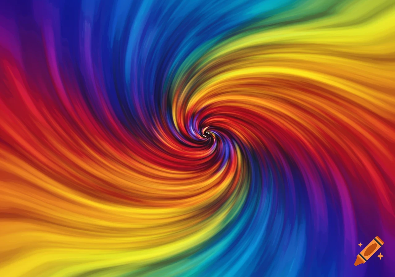 A vibrant, swirling rainbow abstract pattern with smooth color gradients.