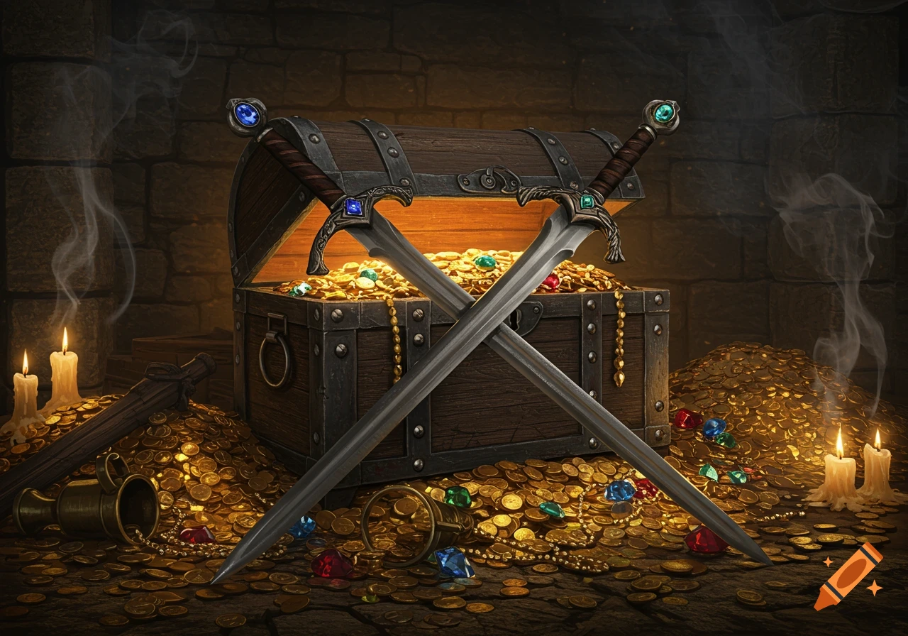 A wooden treasure chest overflowing with gold coins and colorful jewels, with two ornate swords crossed in front, in a dark stone room with lit candles.