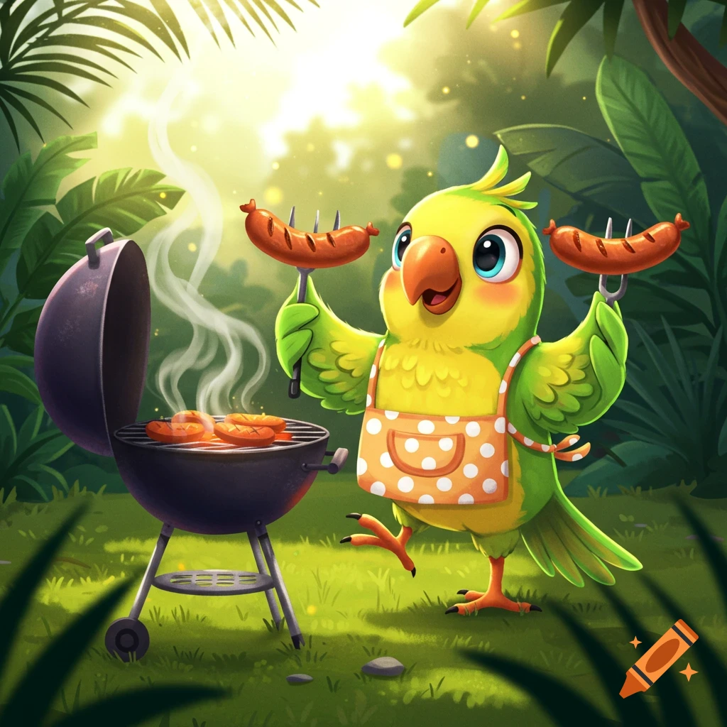 A cute cartoon parrot wearing an apron, holding sausages on forks, standing next to a smoking BBQ grill in a lush, sunlit outdoor setting.