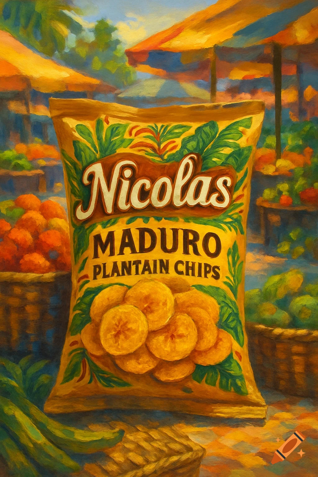 A painterly depiction of a bag of Nicolas Maduro Plantain Chips with a vibrant market scene in the background.