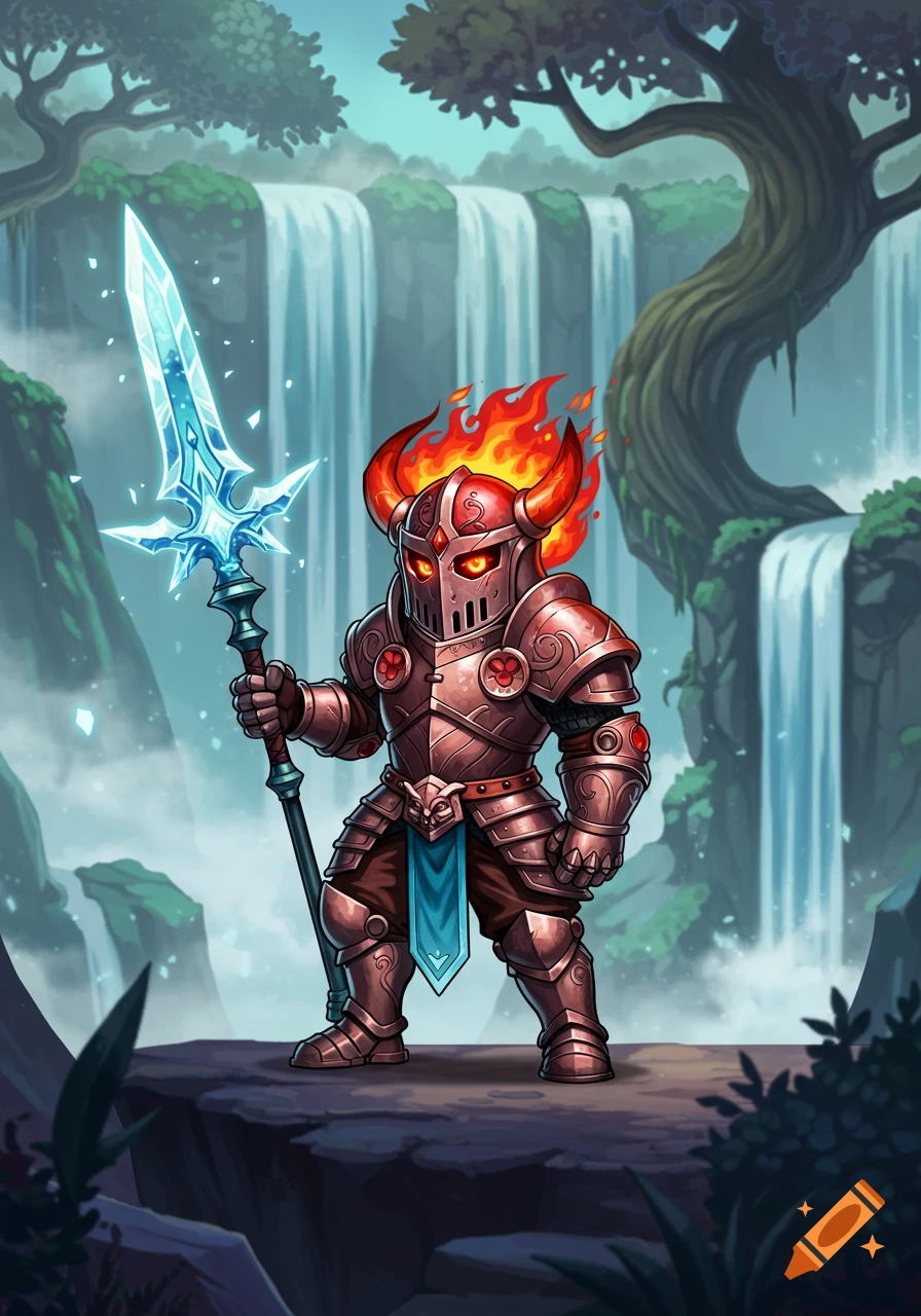 A cartoonish knight in red armor with fiery horns and glowing eyes holds a glowing blue spear on a cliff overlooking waterfalls.