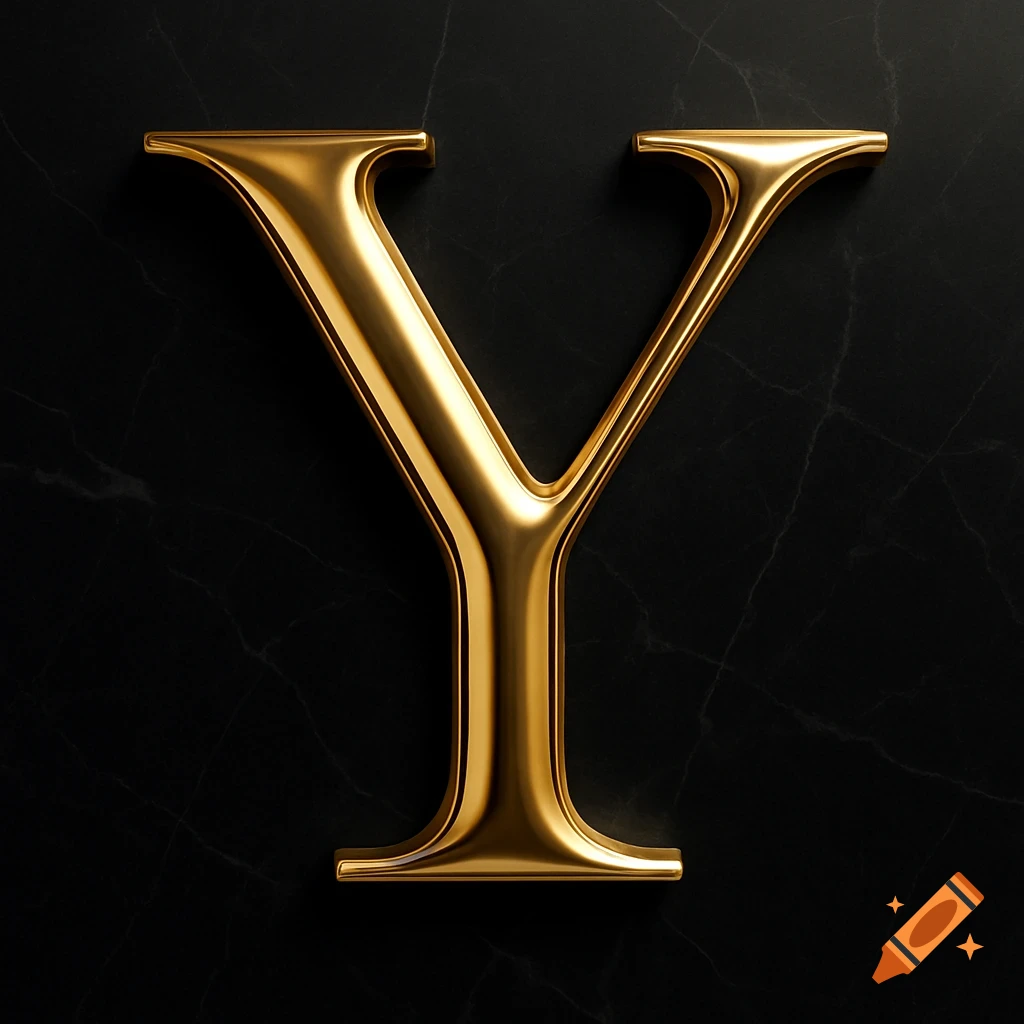 A shiny golden capital letter Y stands prominently against a dark, textured marble background.