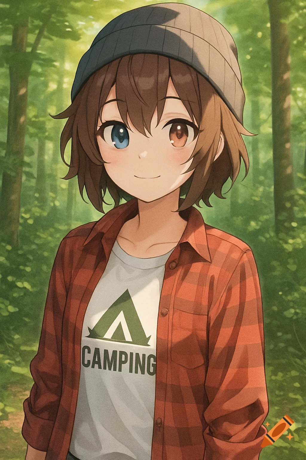 Anime girl with heterochromia eyes wearing a beanie, red flannel, and a camping shirt in a forest.