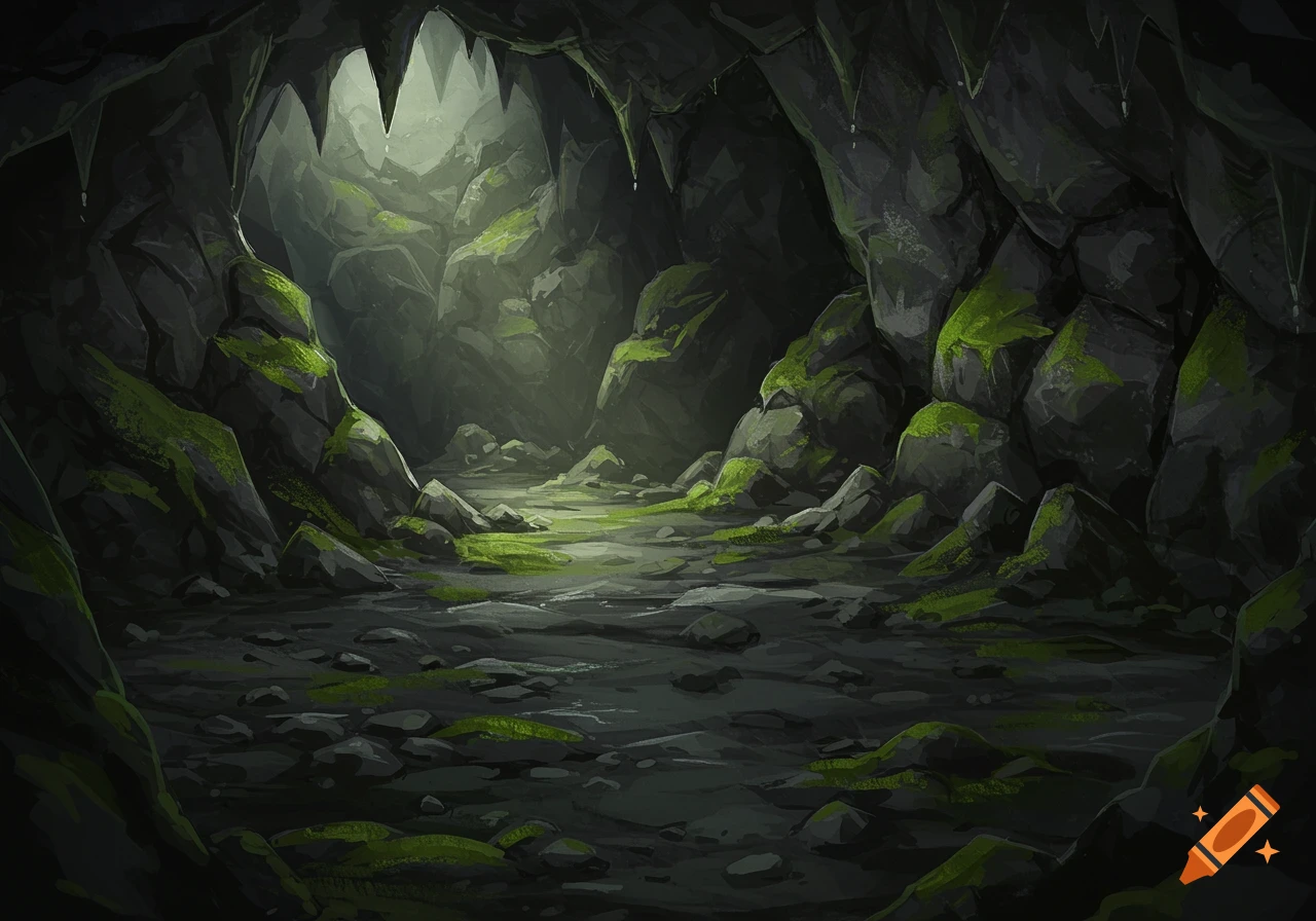 A dark and gloomy cave interior with moss-covered rocks and light filtering in from the entrance.