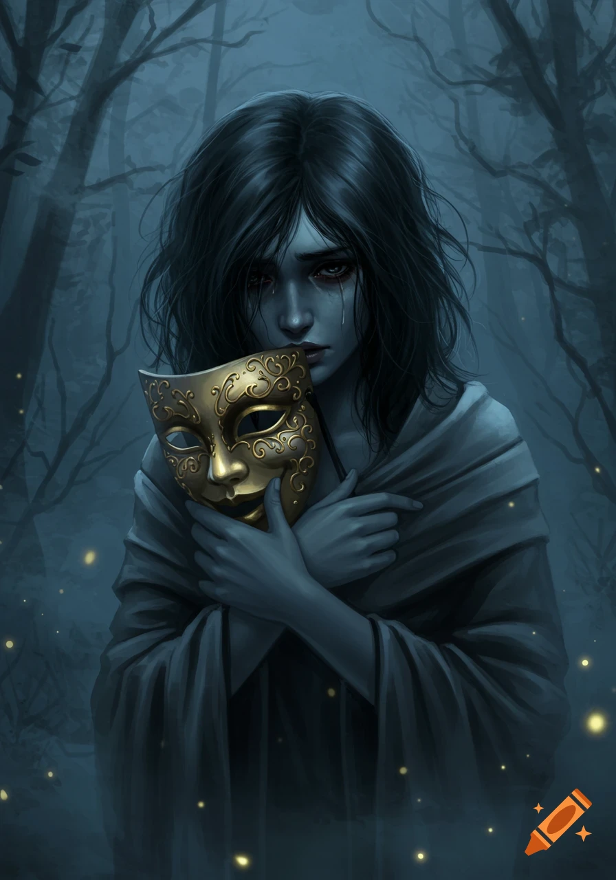 A sad woman with dark hair and pale skin cries while clutching a golden masquerade mask in a gloomy, dark forest with glowing specks.