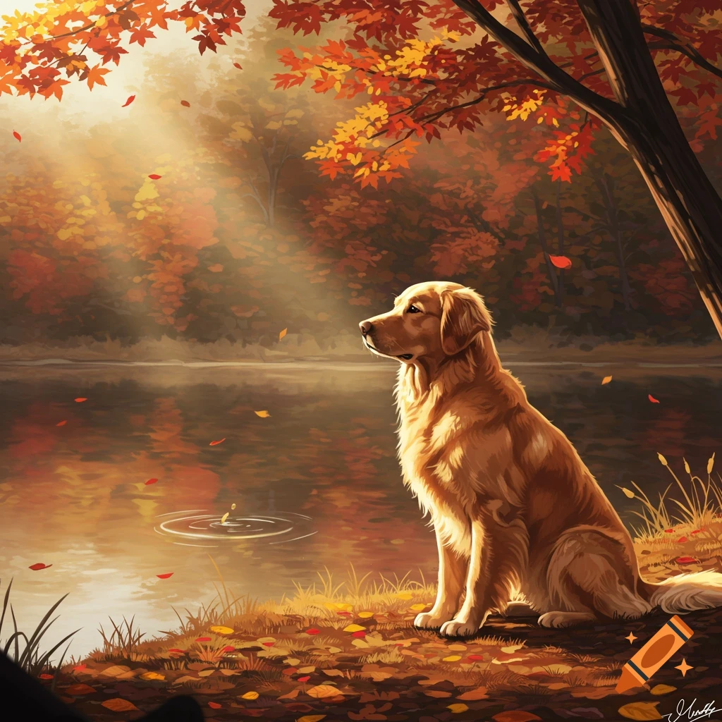 A golden retriever sits by a lake in an autumn forest with sunlight filtering through orange leaves, digital painting.