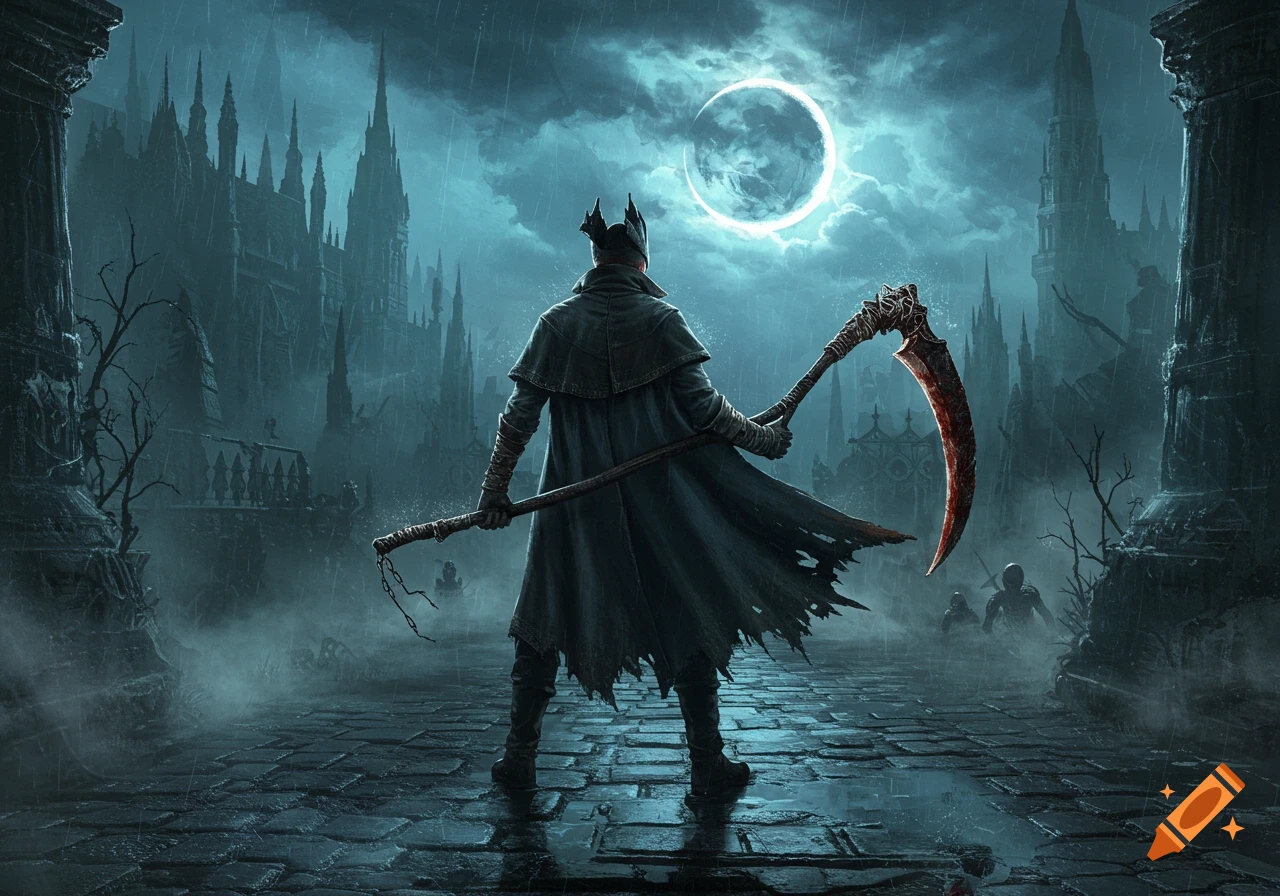 A hunter with a large scythe stands in a dark, rainy gothic city under a bright full moon.