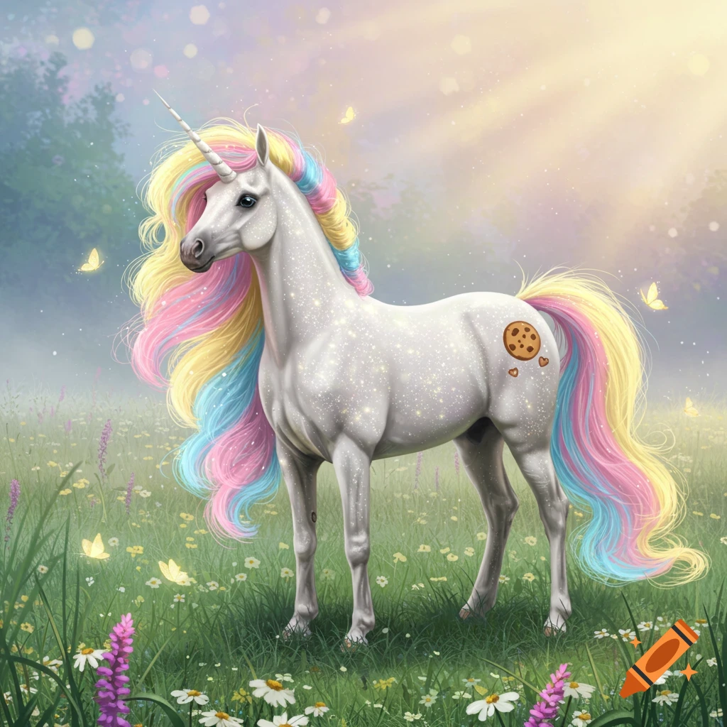 A glittery white unicorn with a rainbow mane and tail stands in a sunlit field of wildflowers, with a cookie cutie mark.