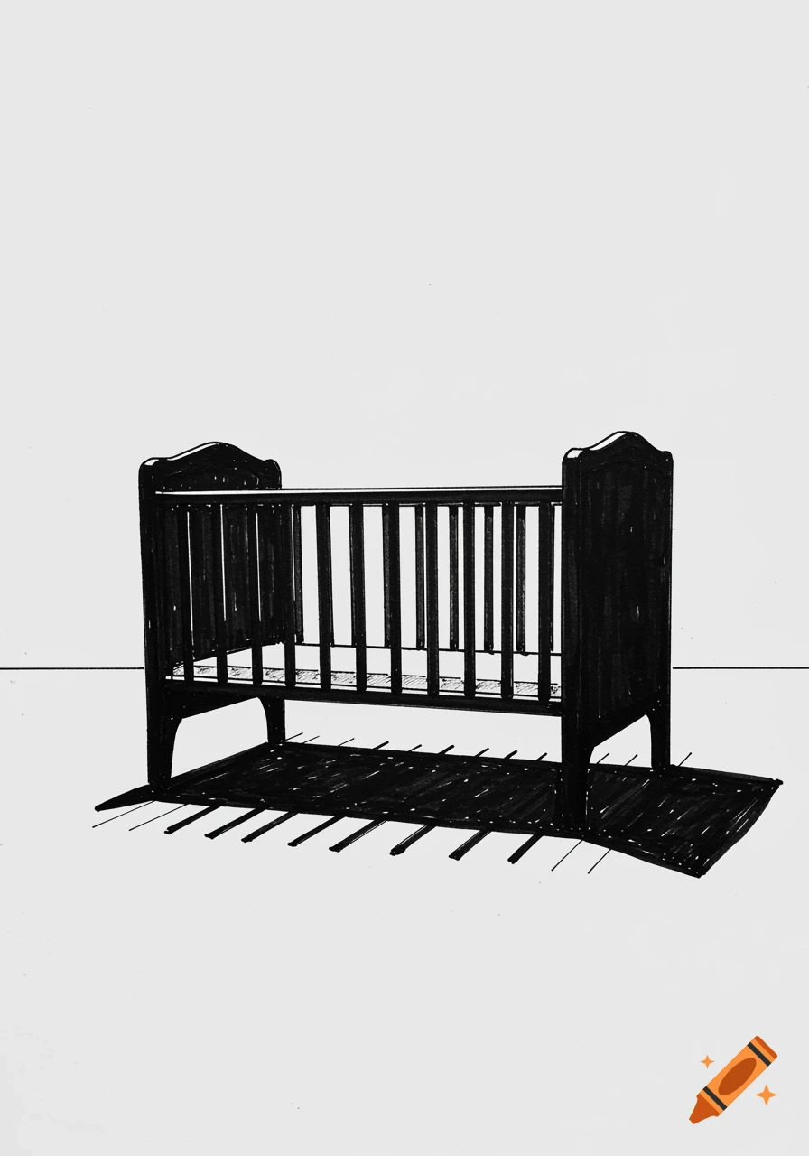 A minimalist black marker pen drawing of a baby cot with strong shadows on a white background.