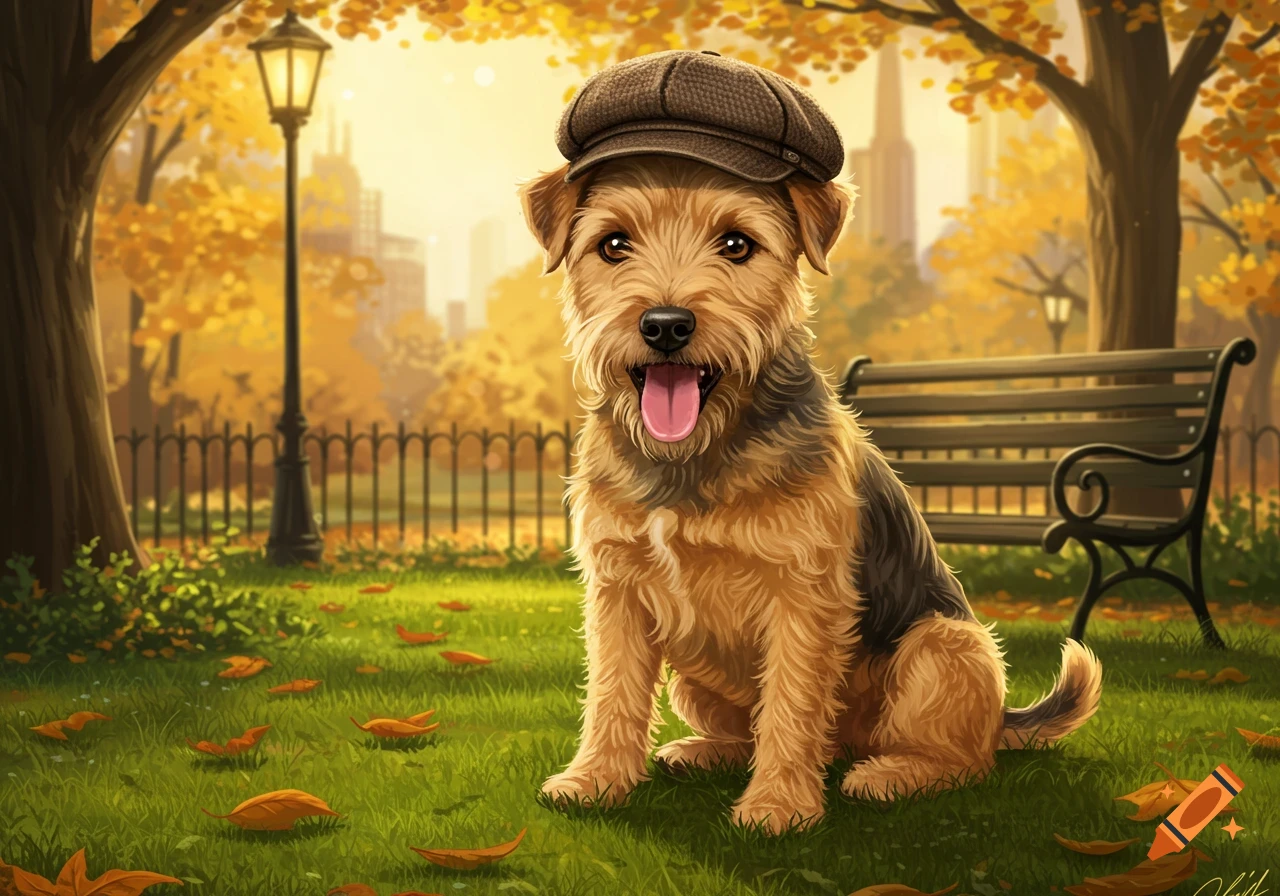 A cute brown terrier dog wearing a brown flat cap sits in an autumn park with golden trees and fallen leaves.