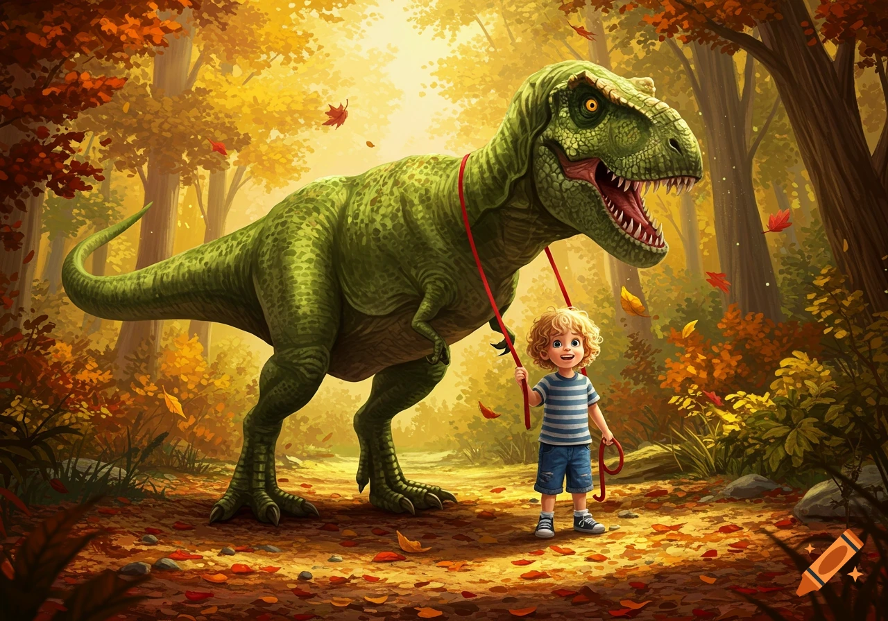 A blonde boy walks a green T-Rex on a red leash through a sunny autumn forest with falling leaves, cartoon illustration.