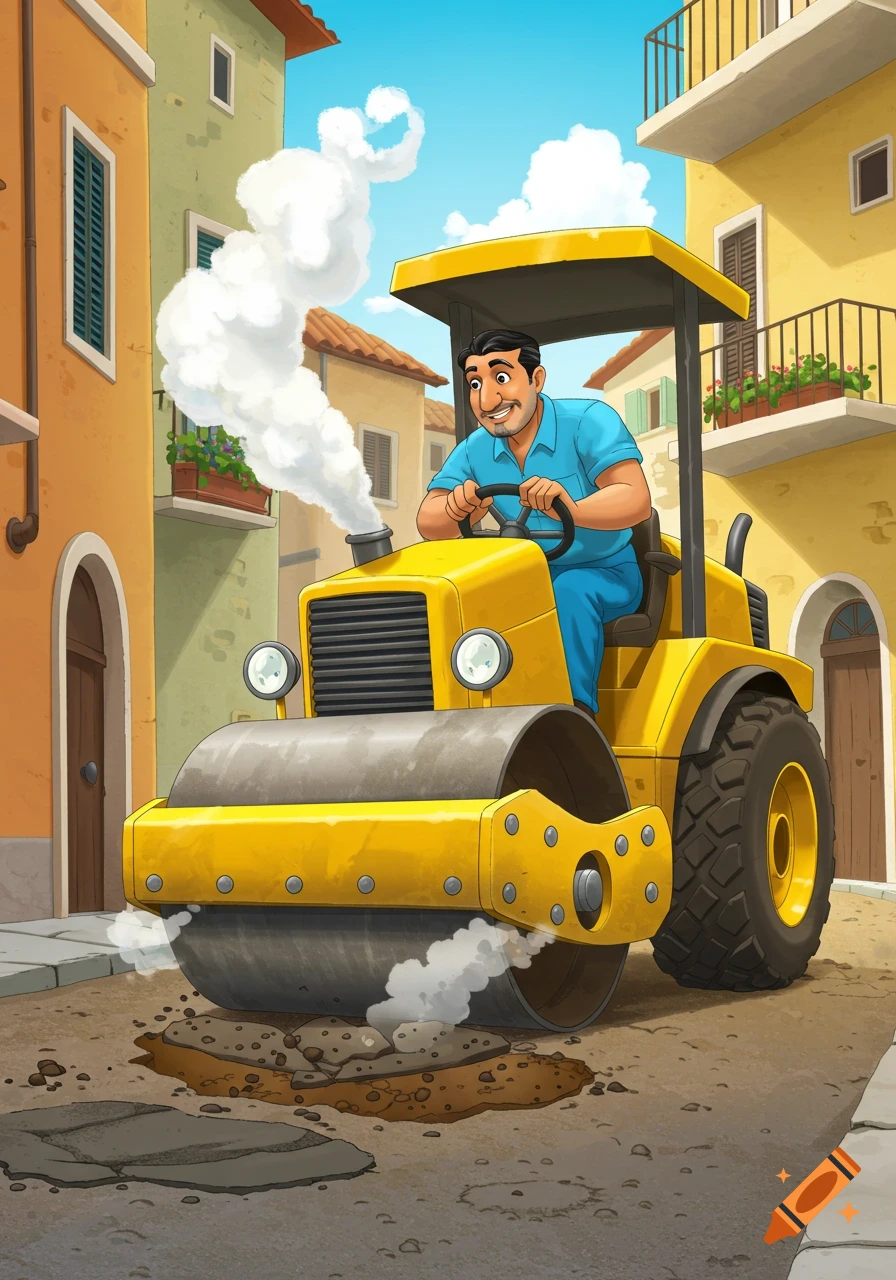 A cartoon man drives a yellow steamroller, pressing down on a pothole on a street in front of buildings.