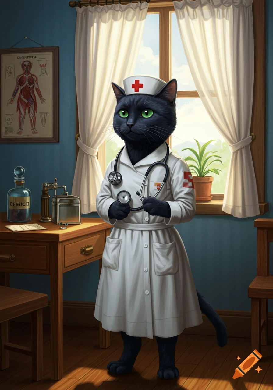 A black cat wearing a nurse's uniform and cap with a stethoscope stands in a room with a window, desk, and anatomy chart.