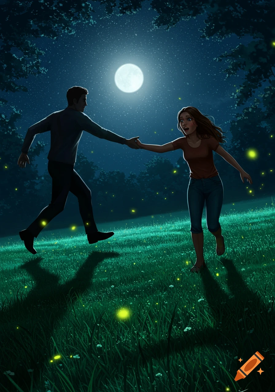 A man and woman hold hands, running through a moonlit, starry field with fireflies.