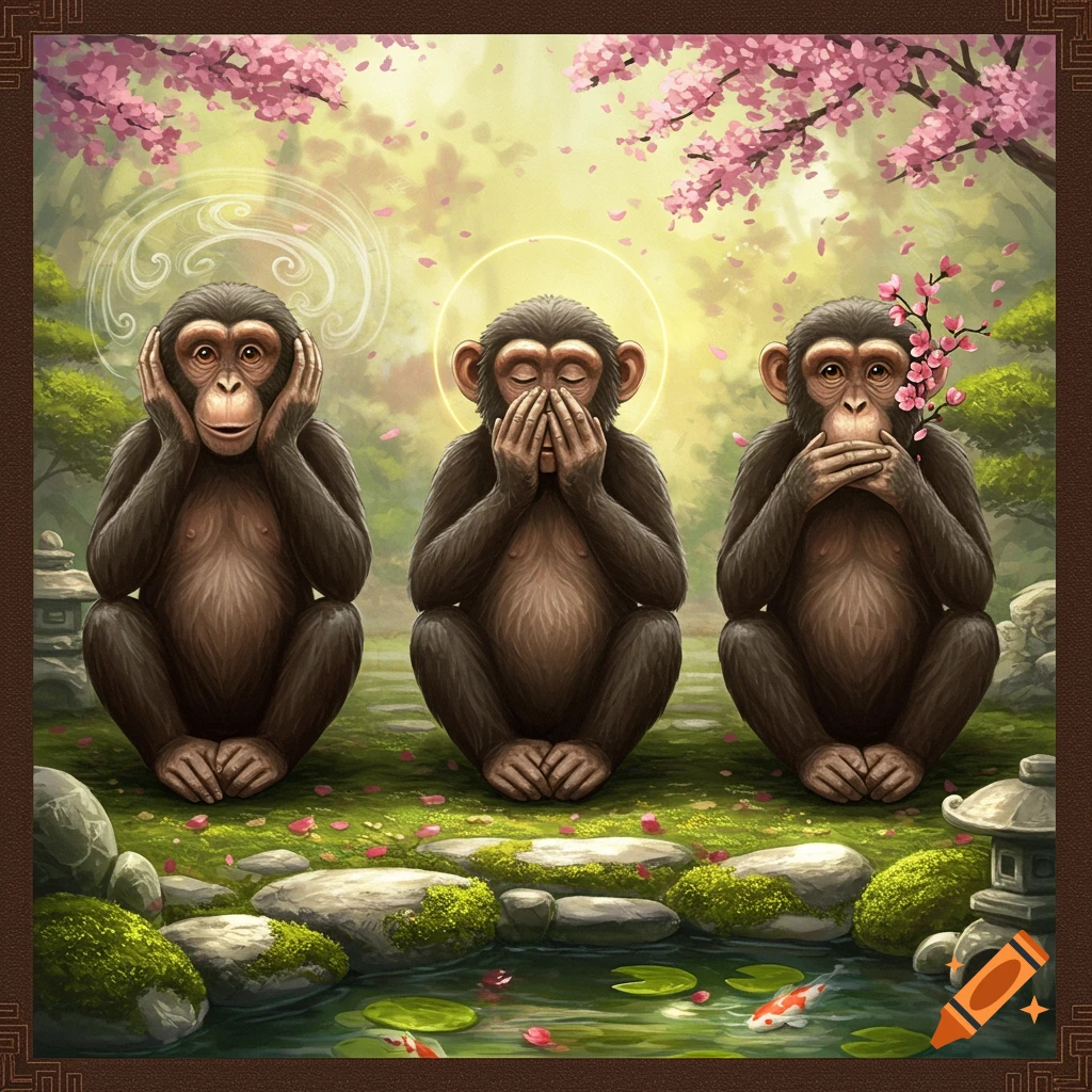 Illustration of three wise monkeys in a Japanese garden, embodying 'hear no evil, see no evil, speak no evil'.