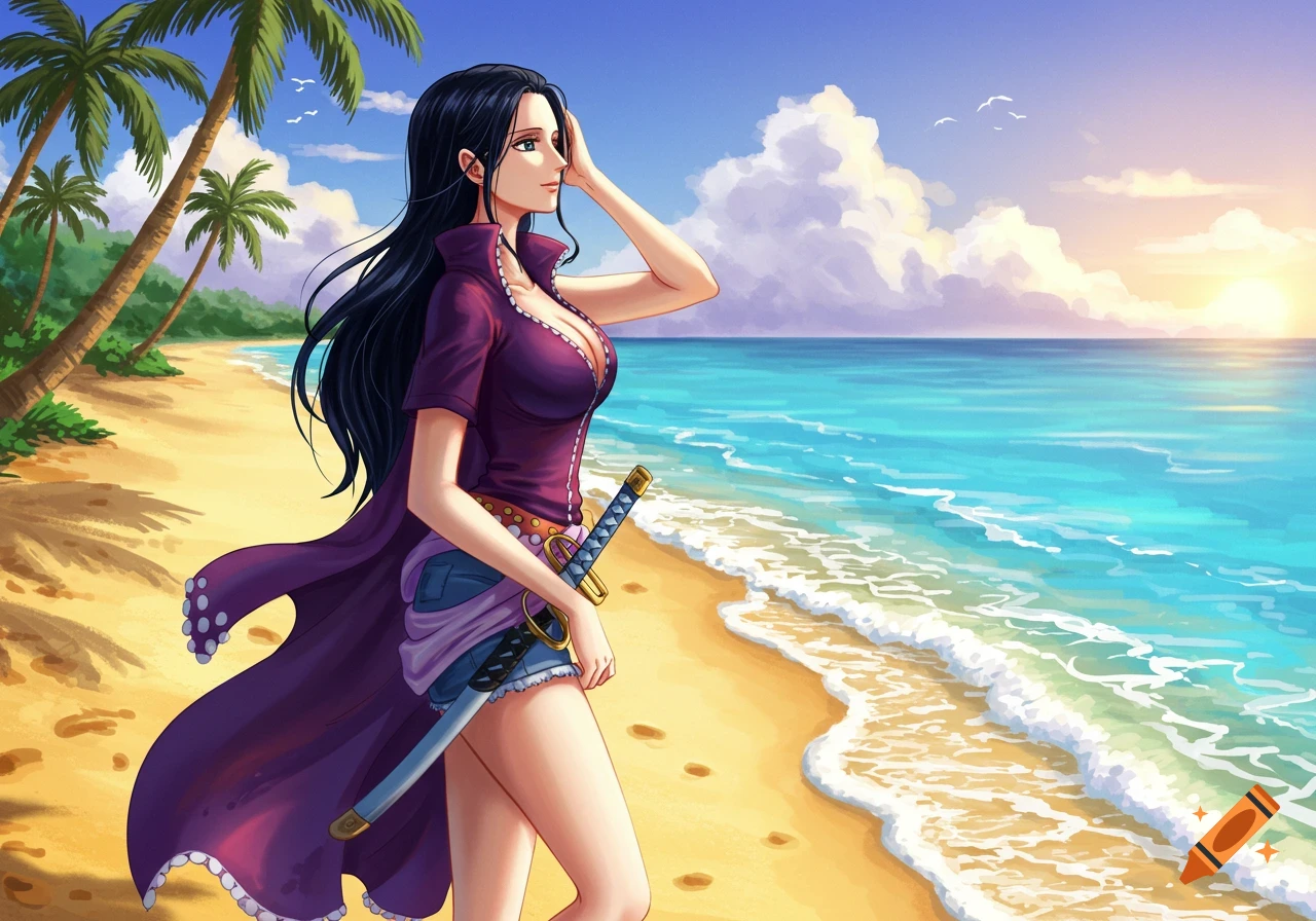 Anime illustration of a dark-haired woman in a purple outfit and shorts standing on a sandy beach looking at the turquoise ocean and sunset.
