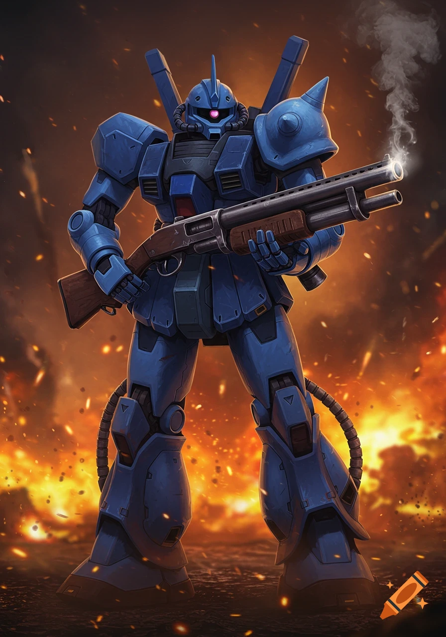 A blue Gouf mobile suit robot holds a shotgun, standing amidst explosions and smoke.