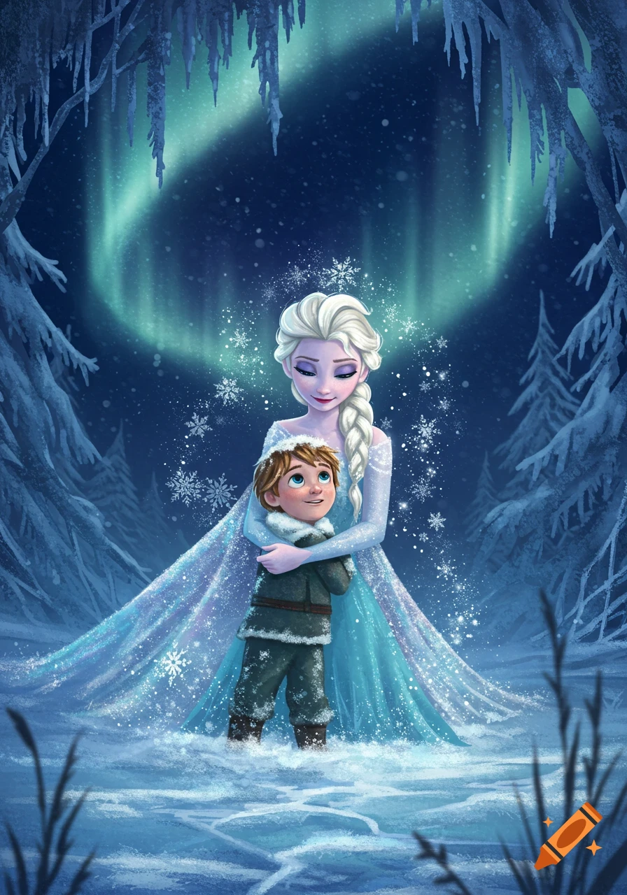 Elsa, the Fifth Spirit, in a sparkling ice dress, embraces a small boy amidst a snowy forest with the Northern Lights.